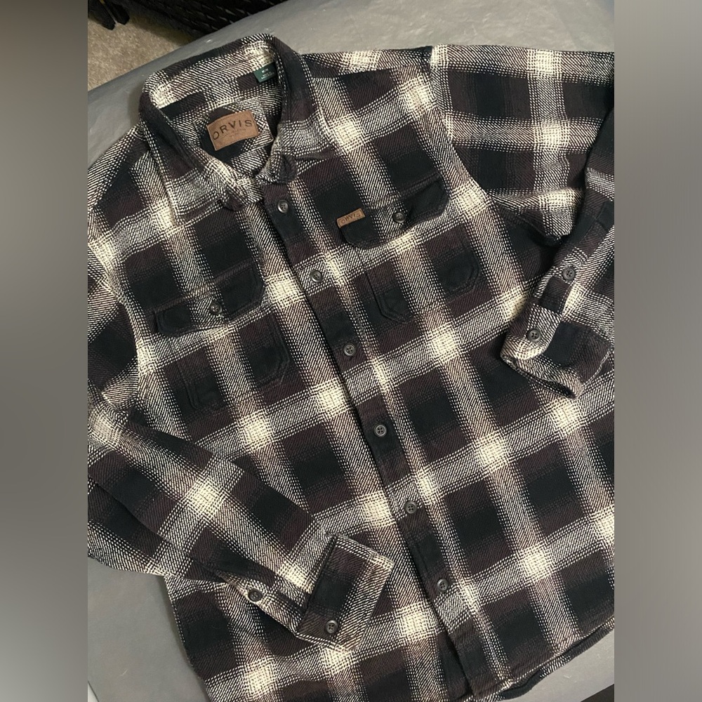 Orvis Big Bear Heavy Flannel Brown Plaid Jacket Shacket Men Size M Work Outdoor